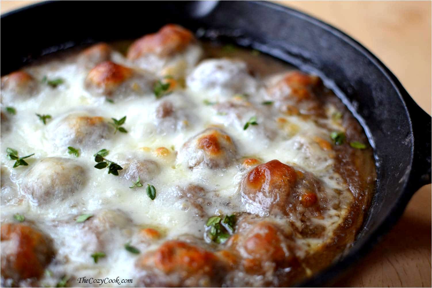 These meatballs are doused in rich caramelized onion sauce and topped with hot, melted cheese. They'll be the best meatballs you've ever had French Onion Soup Meatballs