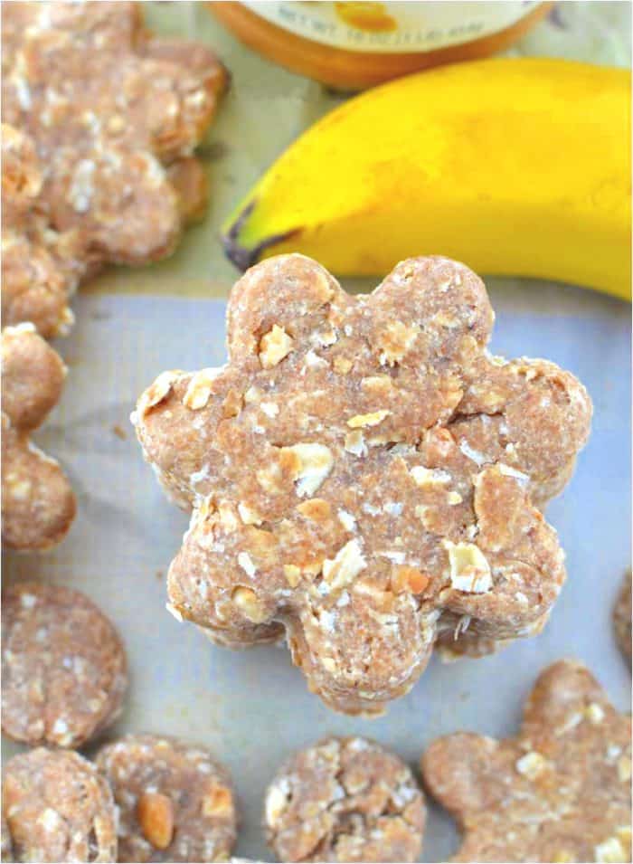 These homemade dog treats are filled with savory peanut butter and mashed banana- everything you need to keep your pup happy & energized! homemade dog treats stacked up on a white surface next to other treats and banana.