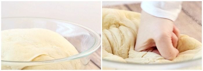 Side by side images of risen roll dough and punching it down