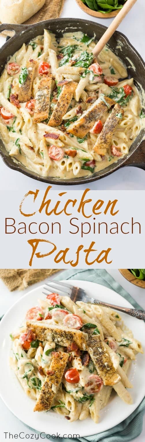 This loaded chicken bacon spinach pasta dish is tossed in a thick and creamy garlic Parmesan sauce. It's a perfect blend of flavors will make you think you're eating at a restaurant! | The Cozy Cook | #Chicken #Bacon #Spinach #Pasta #Penne #Italian #ComfortFood #Permsan #GarlicSauce #Dinner