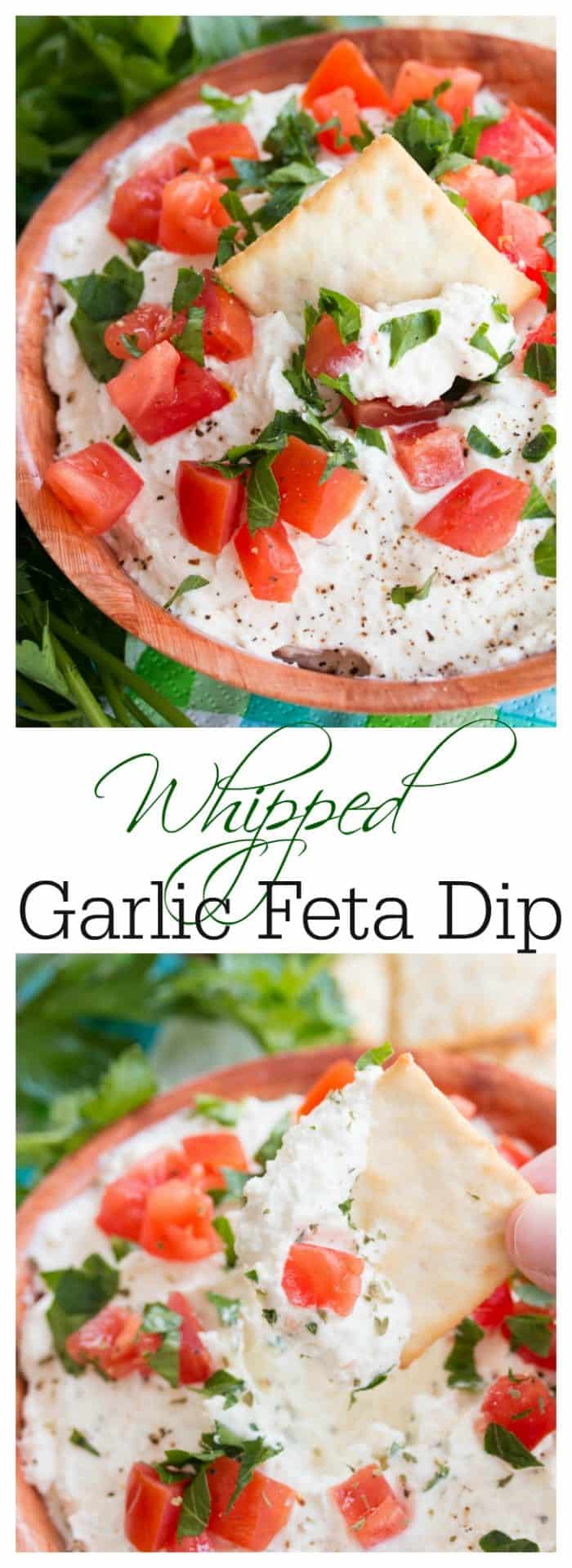 This creamy garlic feta dip is easy to make and perfect with crackers, pretzels, and veggies. The perfect appetizer for spring and summer! Whipped Garlic Feta Dip