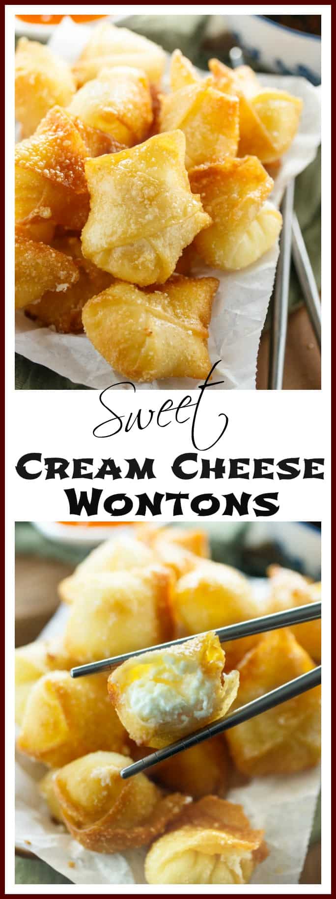 Sweet Cream Cheese Wontons: Crispy Wontons fried or baked to golden perfection and filled with a sweet, two-ingredient cream cheese filling. A perfect appetizer to please all palates!
