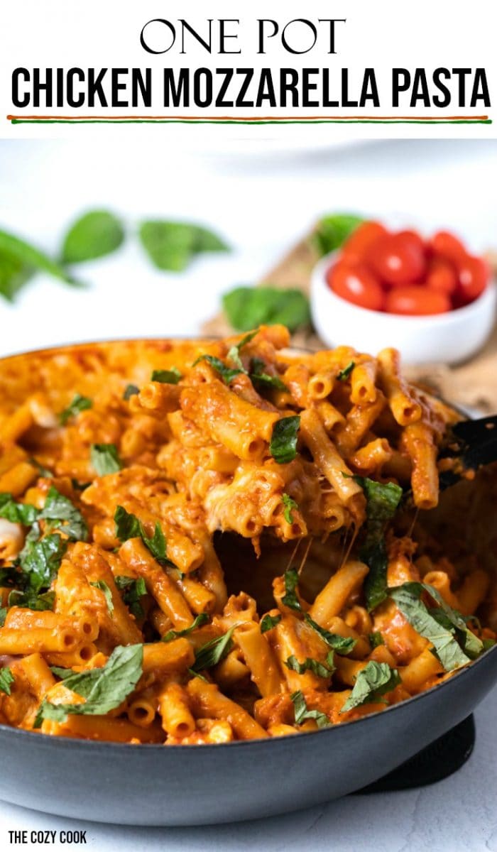 This one pot mozzarella pasta is loaded with diced chicken, pasta, and melted mozzarella, and is covered in a creamy marinara sauce and topped with fresh basil. All prepared in a single pot in 30 minutes flat! |The Cozy Cook| #pasta #Italian #mozzarella #dinner #onepot #comfortfood #chicken