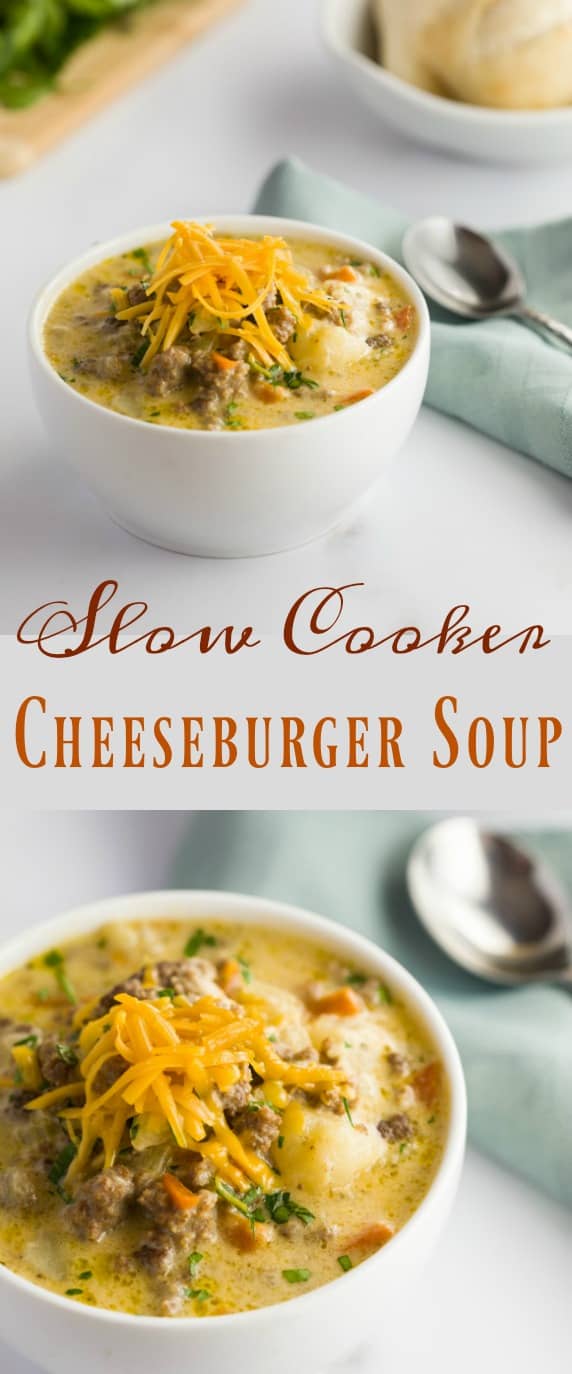 Tender ground beef and vegetables in a thick and creamy cheesy soup, the definition of comfort in a bowl and perfect for cold weather. #soup #cheeseburgersoup #cheese #crockpot #slowcooker #comfortfood