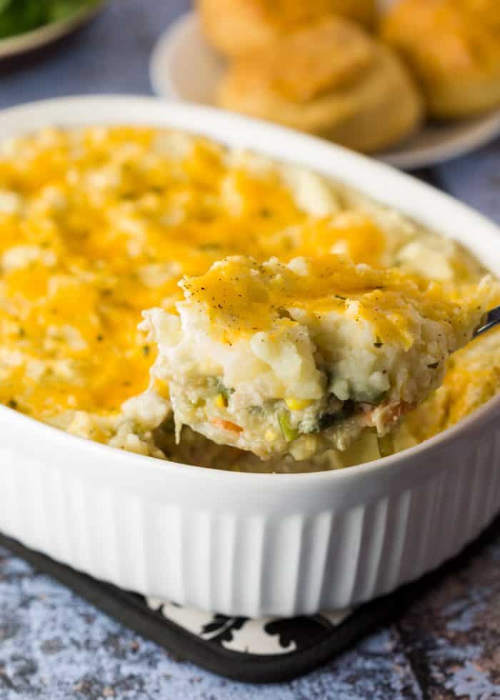 Juicy turkey tossed with a medley of vegetables and gravy. All topped with cheesy mashed potatoes and baked to golden perfection. Shepherd's Pie