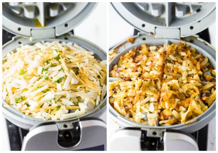 Extra crispy, perfectly golden hash browns combined with onions, cheese, and chives and cooked in just minutes right in your waffle iron! Hash browns before and after being cooked in the waffle iron.