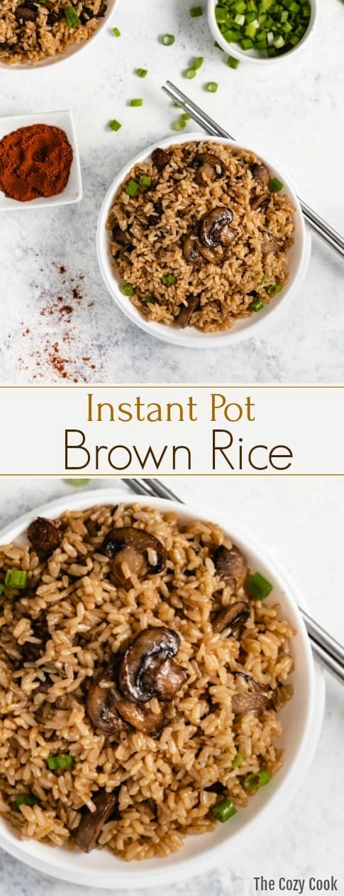This Instant Pot Brown Rice is pressured cooked in a beef and chicken broth combination and tossed with sauteed mushrooms and diced green onions. This is the most flavorful and perfectly cooked rice you'll ever make! | The Cozy Cook | #rice #instantpot #brownrice #sides #sidedish