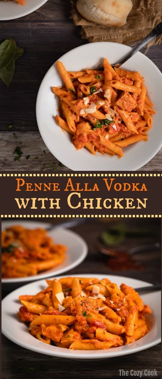 This Penne Alla Vodka with Chicken is loaded with perfectly seared chicken, chunky tomatoes, and a creamy marinara vodka sauce. It's topped with Parmesan Shavings and fresh parsley and is a classic family favorite! | The Cozy Cook | #penne #vodkasauce #pasta #comfortfood #dinner