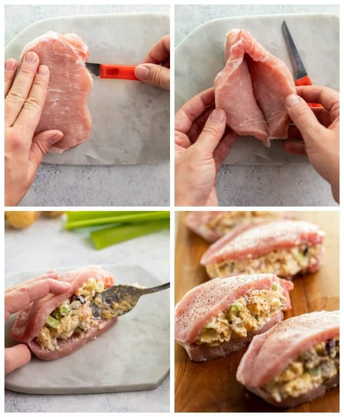 These easy-to-make Pork Chops are perfectly seasoned and stuffed with delicious sausage cranberry stuffing. They are then baked to perfection in just 20 minutes and pair perfectly with roasted potatoes and green beans. | The Cozy Cook | #PorkChops #Dinner Process shots of cutting into pork and filling it with stuffing