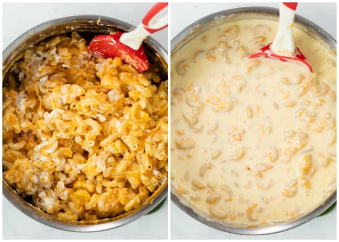 Cheese and cream sauce being added to Macaroni to make Mac and Cheese