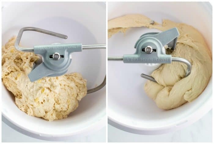 Pizza dough before and after being mixed in stand mixer.
