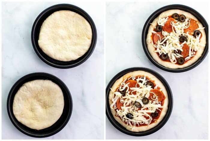 Pizza dough in pizza pan, next to pizza dough topped with sauce and toppings.