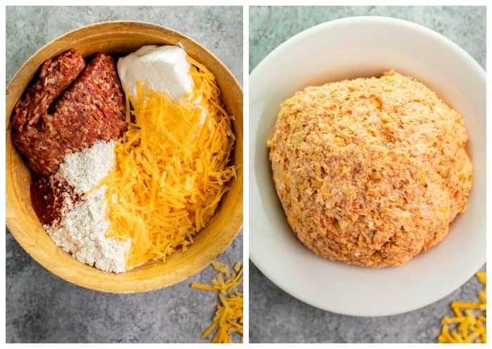 These spicy sausage balls come together with nothing more than cheddar, cream cheese, sausage, and bisquick! Make them ahead of time and keep them warm in the Crock Pot! #christmasappetizers #appetizerideas #fingerfood #newyearseverrecipes A bowl of pre-mixed ingredients for spicy sausage bites next to a shot of it mixed together in a big ball.