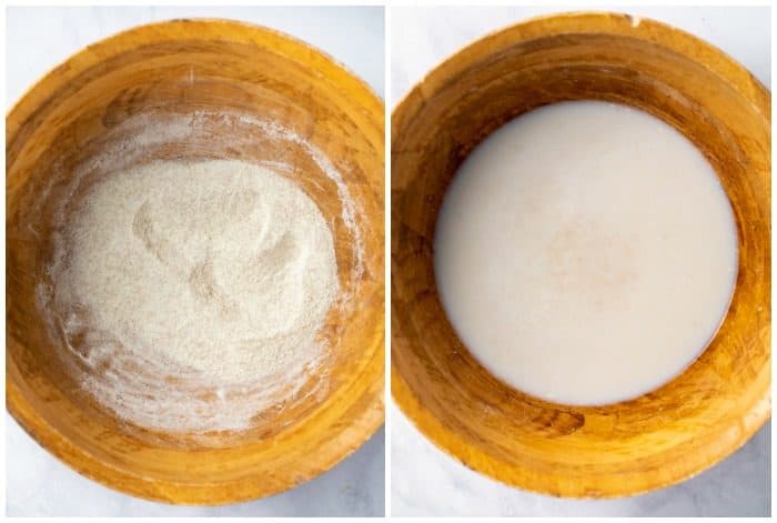 Dry ingredients for pizza dough, next to wet ingredients, in a wooden bowl.