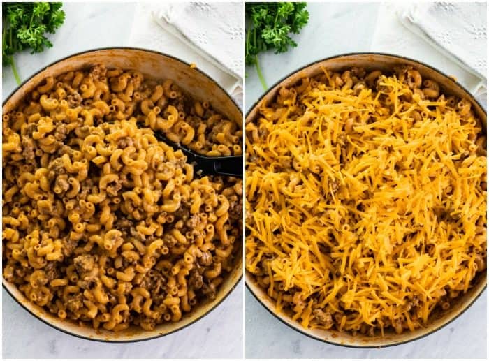 This Cheeseburger Casserole is made in one pot and takes just 30 minutes! It's a cheesy, meaty, and easy macaroni dinner. A homemade version of Hamburger Helper! #comfortfood #pasta #familydinneridea #dinnersforkids Elbow macaroni in a dutch oven being topped with shredded cheese for cheeseburger casserole.