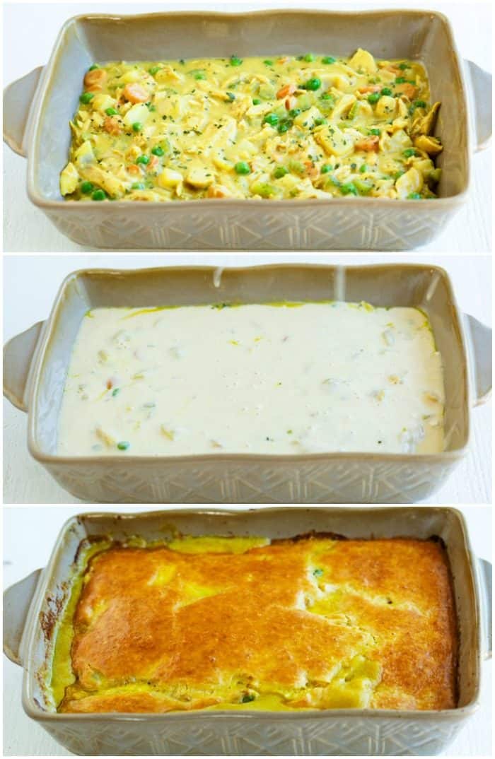 This Bisquick Chicken Pot Pie has a golden biscuit crust and an easy homemade filling that can be prepared two days ahead of time! #casserole #familydinnerideas #comfortfood #dinner #comfortfood #chickendinnerideas #mealprep #makeahead collage of a casserole dish with chicken pot pie casserole being prepared.