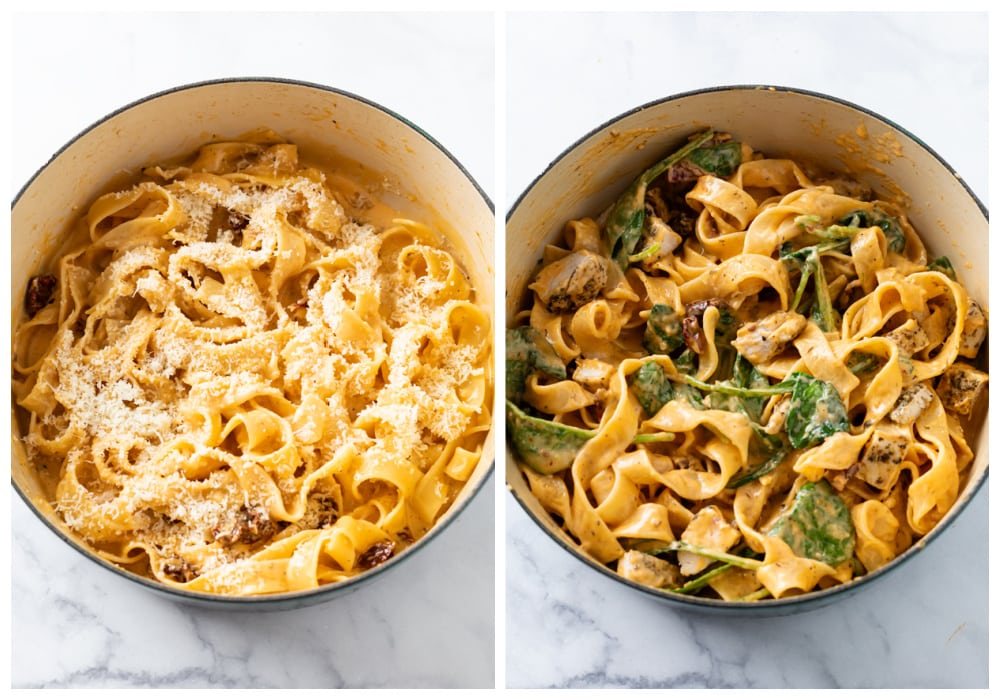 Adding Parmesan Cheese, Chicken, and Spinach to pasta to make Tuscan Chicken Pasta.