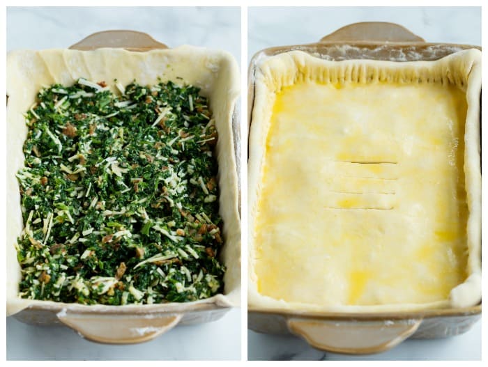 This spinach pie recipe is made with eggs, caramelized onions, gruyere cheese, and golden puff pastry. An easy side dish idea for Thanksgiving or a family dinner! #makeahead #creamy #sidedishes #holidaysidedish #christmassidedish #vegetablesidedishes #comfortfood A casserole dish filled with spinach pie filling and topped with puff pastry dough.