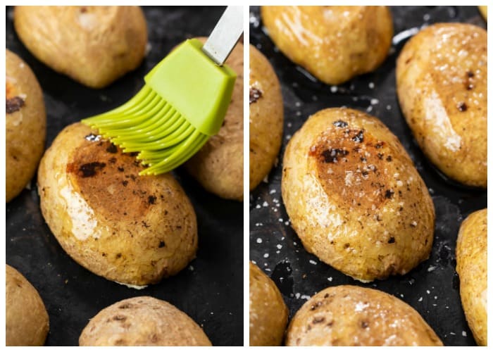Brushing potato skins with bacon drippings and sprinkling with kosher salt.