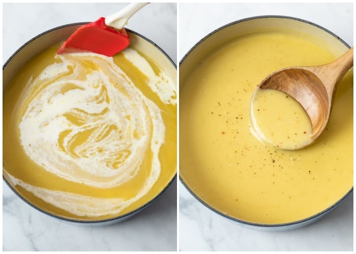 A soup pot with cream being added to Potato Leek Soup.