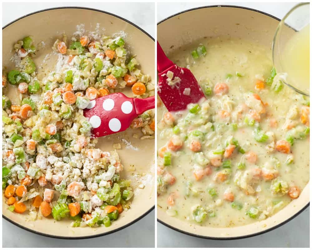 Sautéing vegetables in a skillet and adding flour and chicken broth for Chicken Pot Pie with Biscuits.