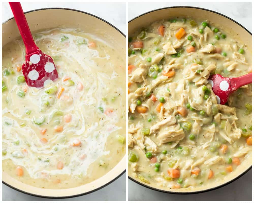 Adding cream, shredded chicken, and peas for Chicken Pot Pie with Biscuits.