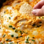 A hand holding a tortilla chip and dipping it into Buffalo Chicken Dip with melted cheese and chives on top.