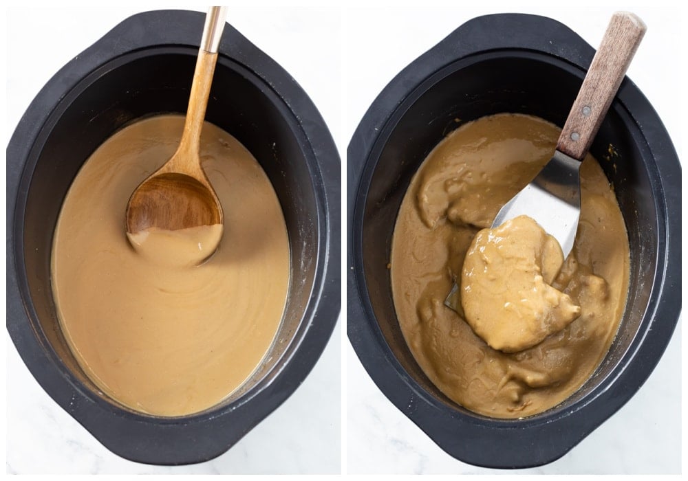 A Crock Pot with Pork Chops being added to Gravy.