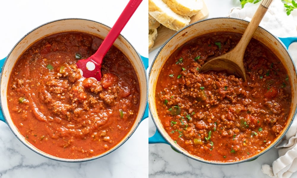 Meat sauce in a pot before and after simmering.