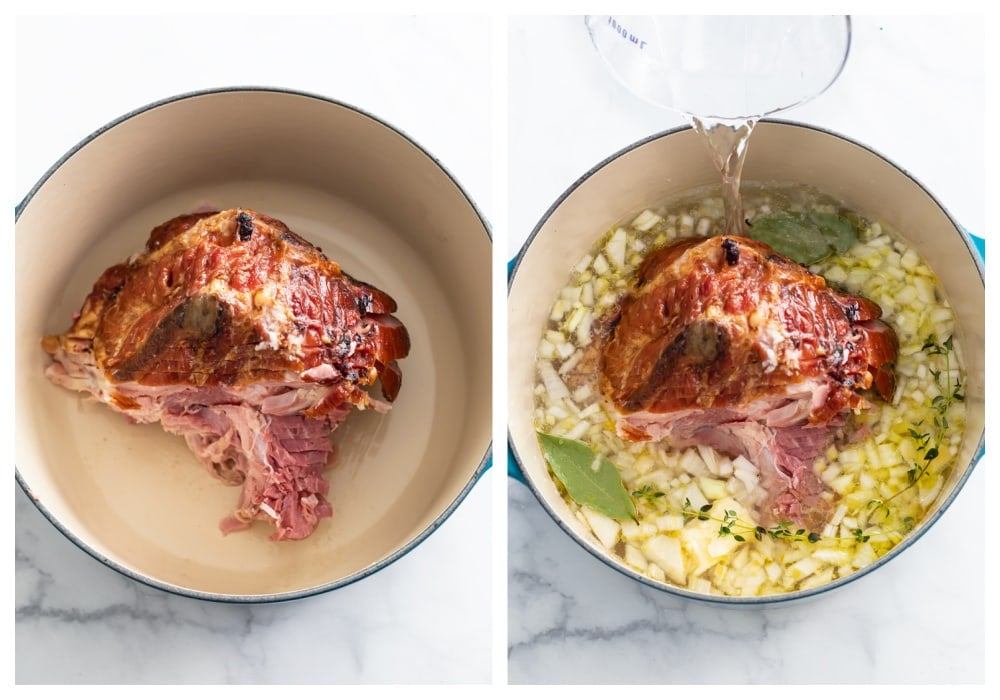 A meaty ham bone in a dutch oven with onions, bay leaves, and water being added.