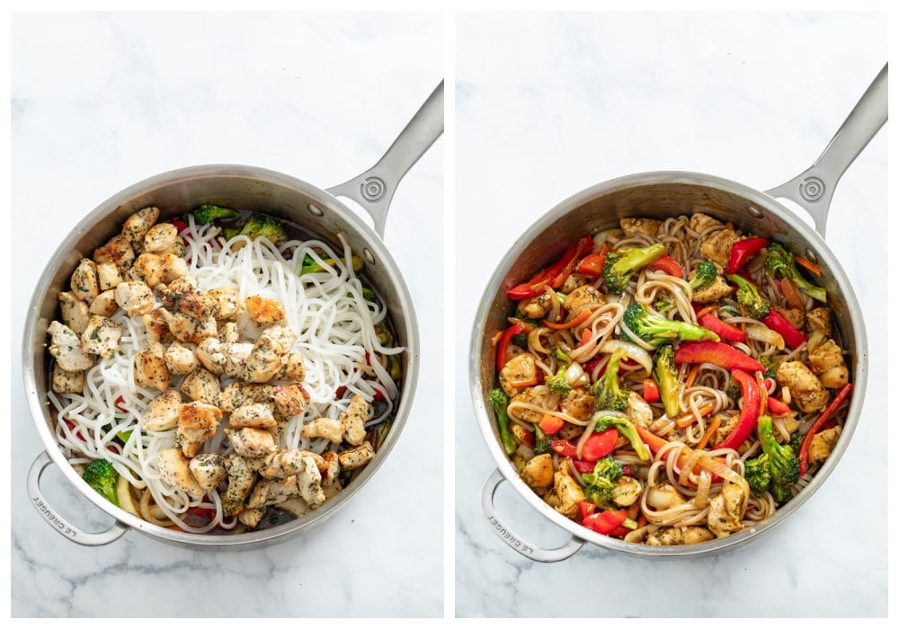 A skillet with rice noodles and chicken being added to vegetables and sauce.