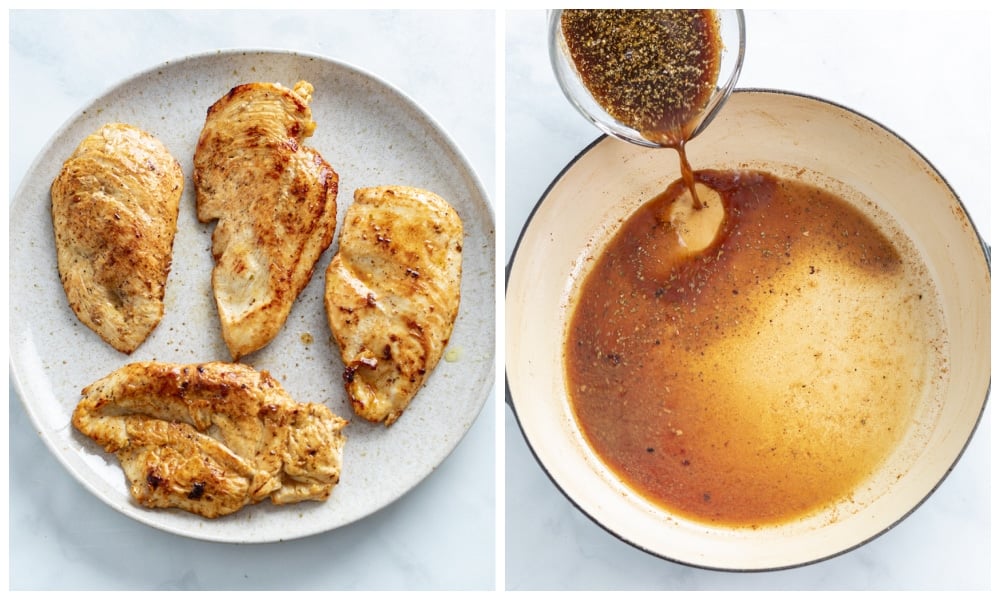 Seared chicken on a plate next to a skillet with balsamic sauce being made.