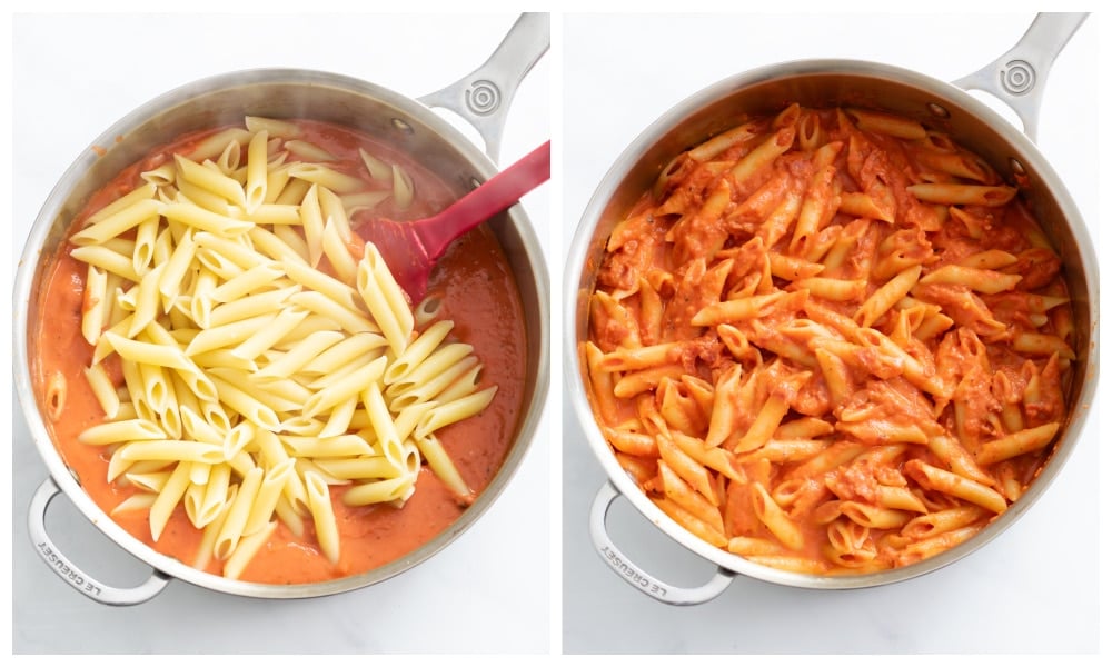Adding penne to vodka sauce to make Penne Alla Vodka.