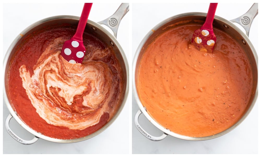 Adding cream to vodka sauce in a skillet.