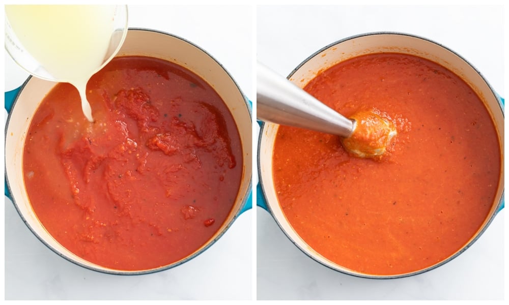 Adding chicken broth to a soup pot and using an immersion blender to make roasted red pepper soup.