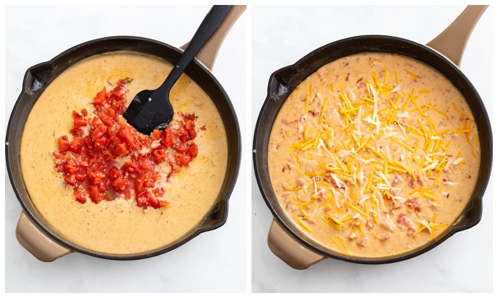 Adding diced tomatoes and cheese to a Cajun sauce for shrimp.