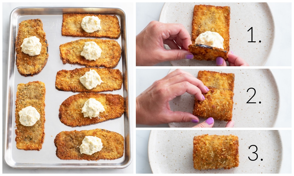 A tray of fried eggplant with filling in the middle before and after being rolled.