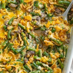 A labeled picture of Green Bean Casserole in a white baking dish.