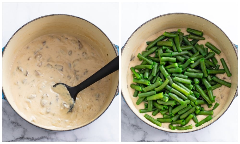 Filling for Green Bean Casserole in a Dutch oven with green beans being added.