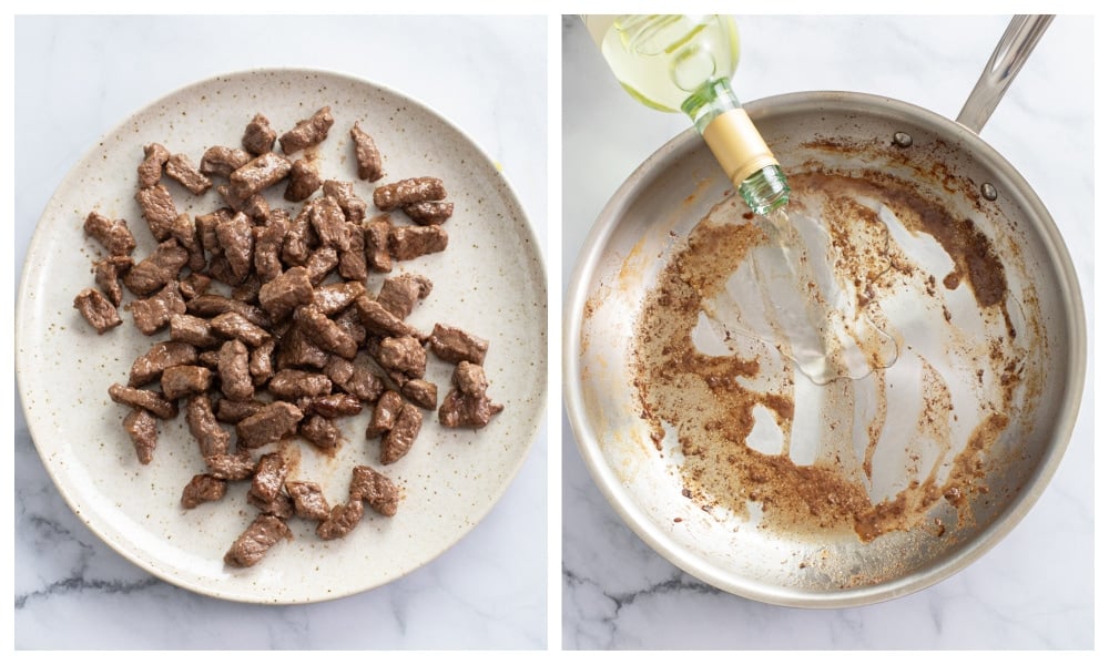 Cooked beef on a plate next to a skillet being deglazed with white wine.