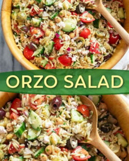 A collage of Orzo Salad in a wooden bowl with a label in the middle.