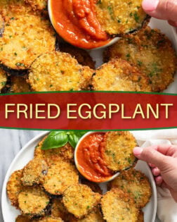 A collage of Fried Eggplant on a plate with one being dipped into marinara sauce.