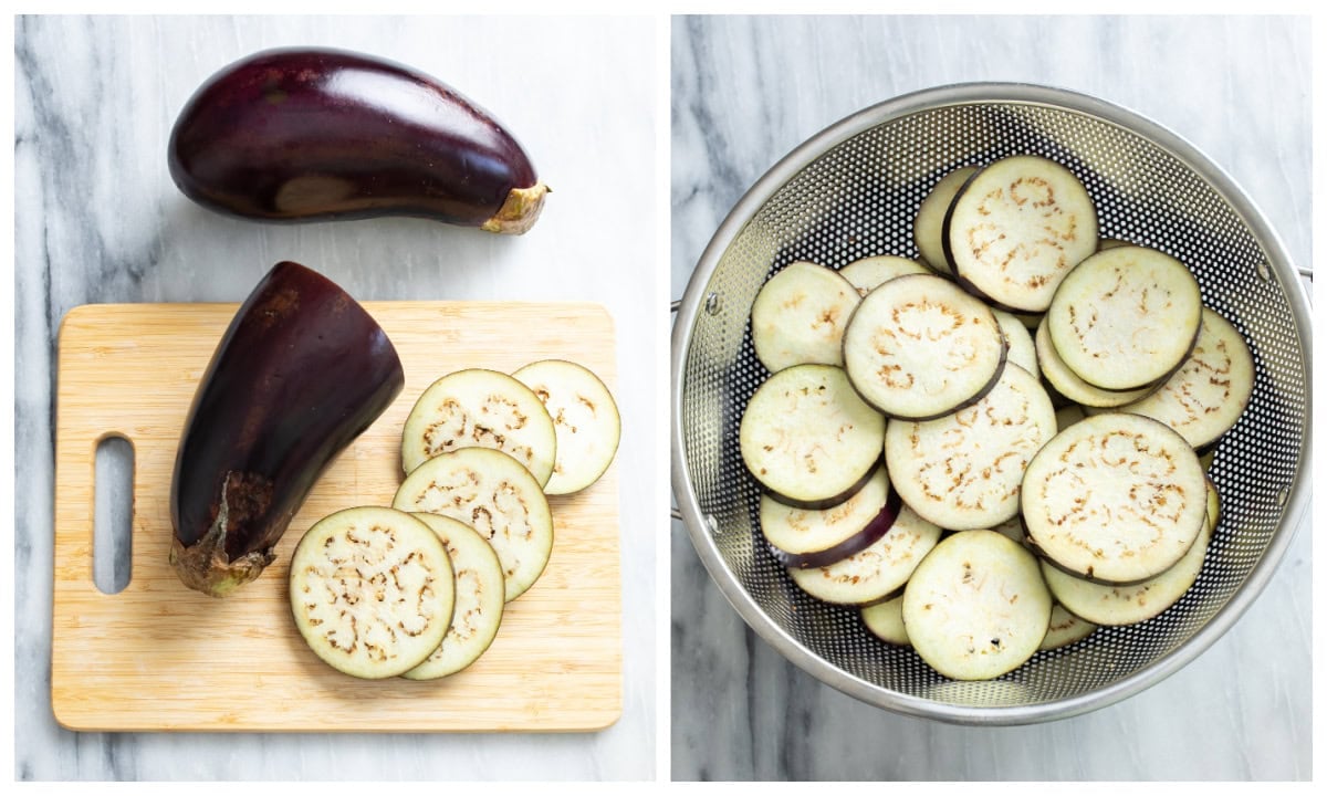 Sliced eggplant on a cutting board next to slices of eggplant in a collander.