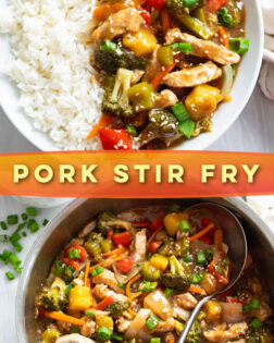 A collage of Pork Stir Fry on a white plate and in a skillet with a label in the middle.