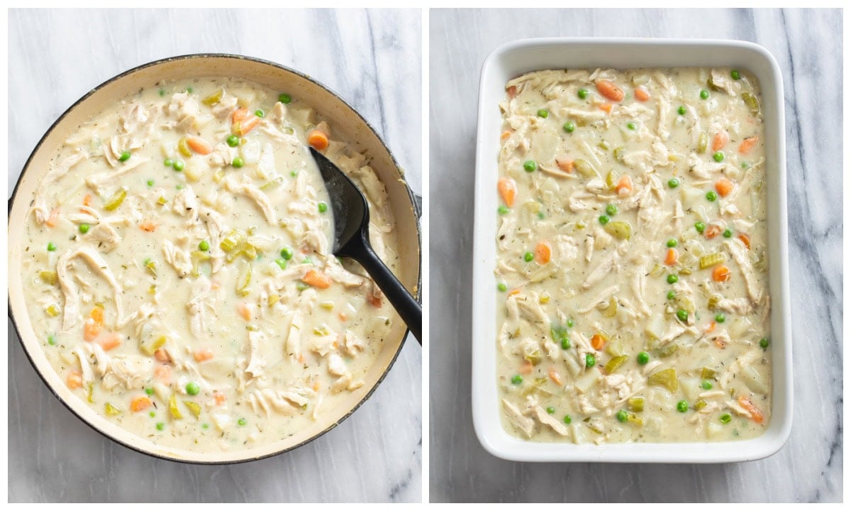A skillet with Chicken Pot Pie filling next to a casserole dish with the same filling.