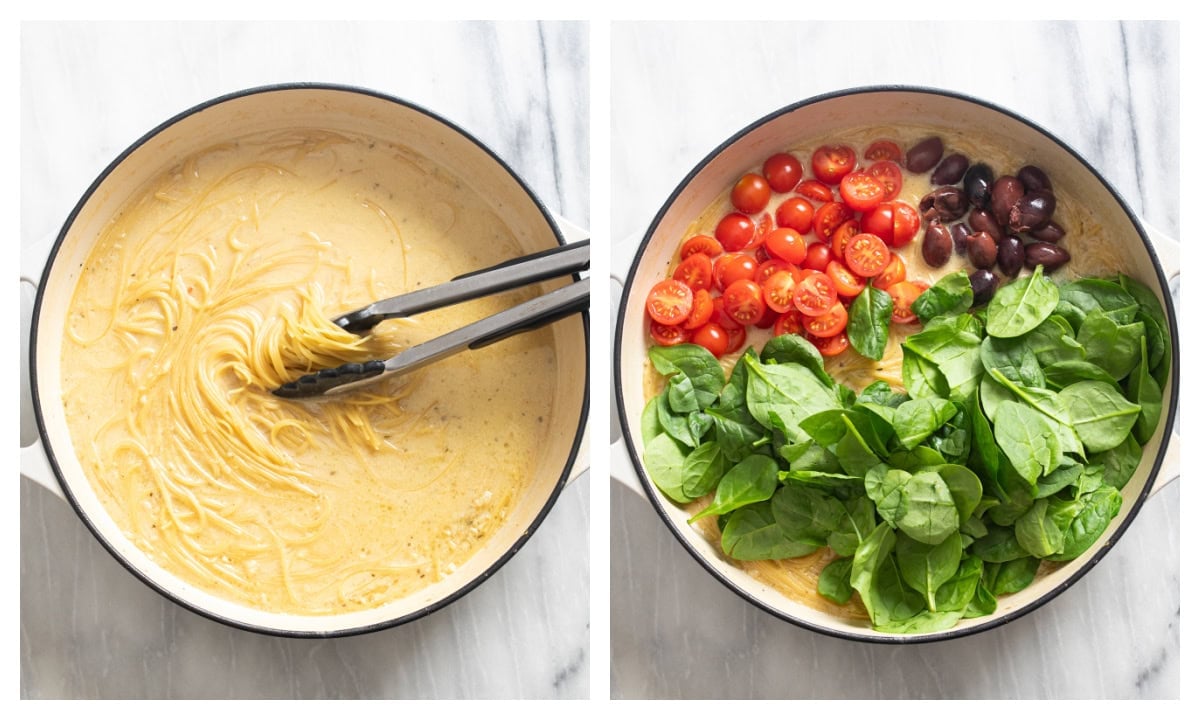 A skillet with angel hair being cooked in sauce next to a skillet with tomatoes, olives, and spinach being added.