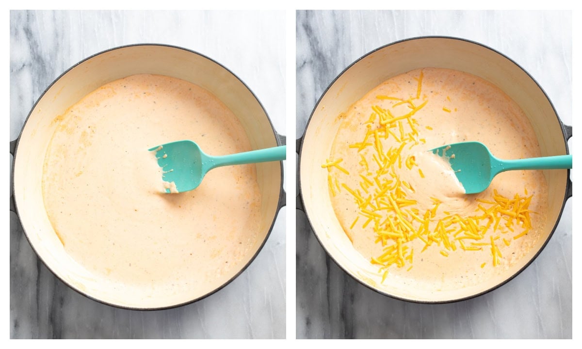 Adding shredded cheese to sauce to make a cheese sauce for pizza mac and cheese.