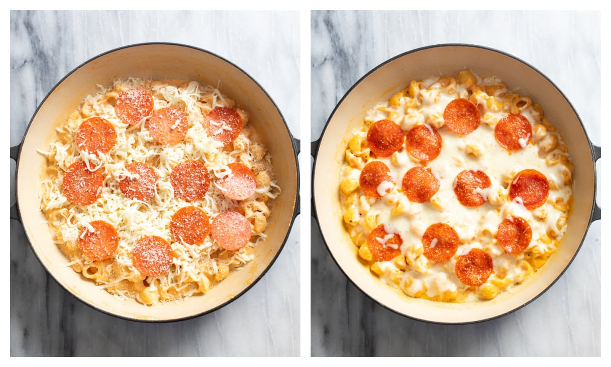 Pizza Mac and Cheese in a skillet before and after being baked.