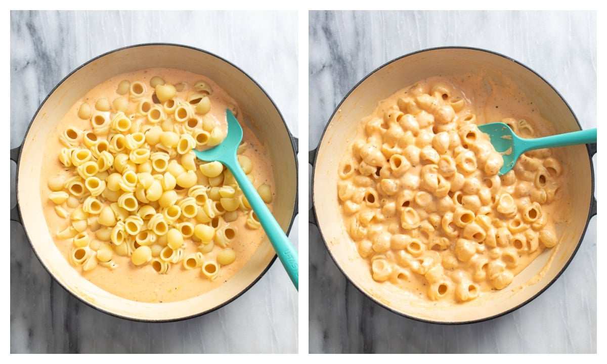 Adding pasta to cheese sauce and combining to make mac and cheese.