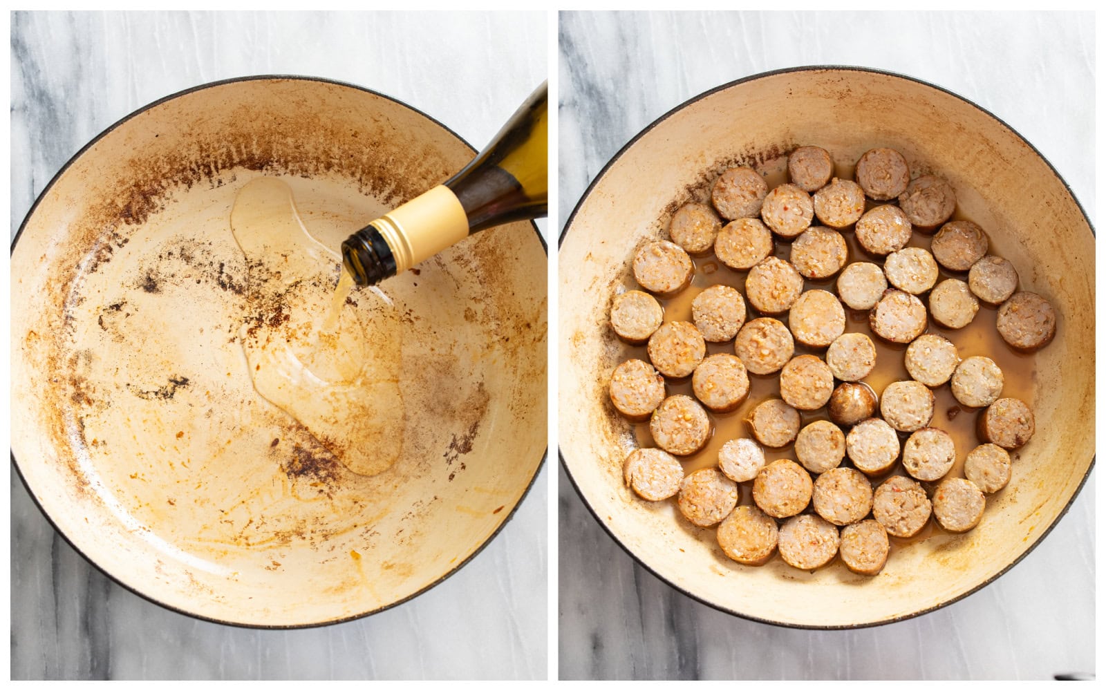A skillet being deglazed with wine next to a skillet of sliced sausage.